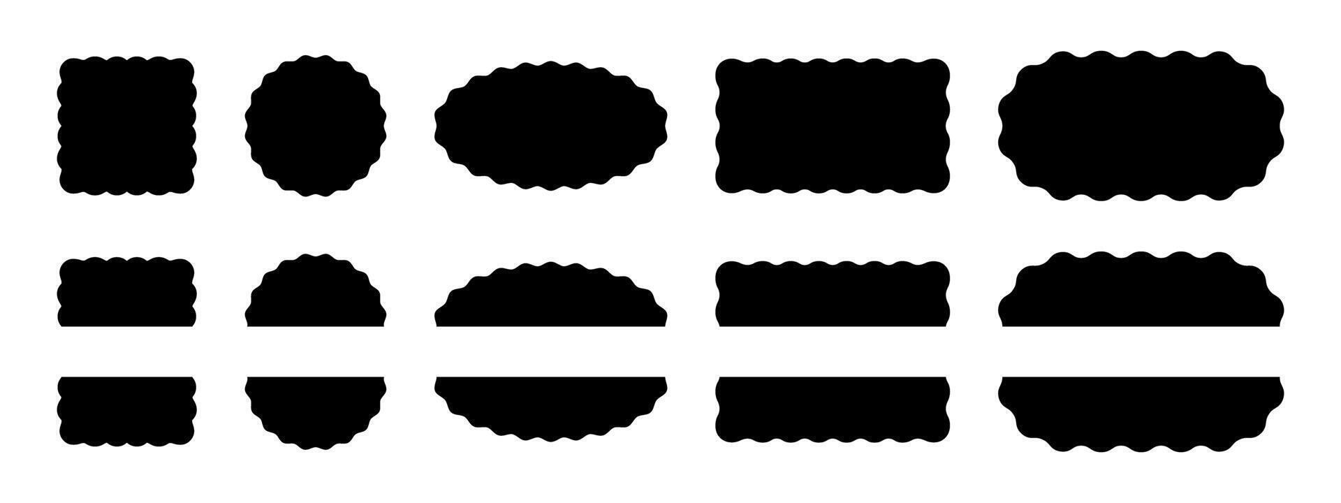 Set of square, circle, oval and rectangle whole and half shapes with scallop borders. Wavy geometric forms. Blank text boxes, tags or labels isolated on white background. graphic illustration vector
