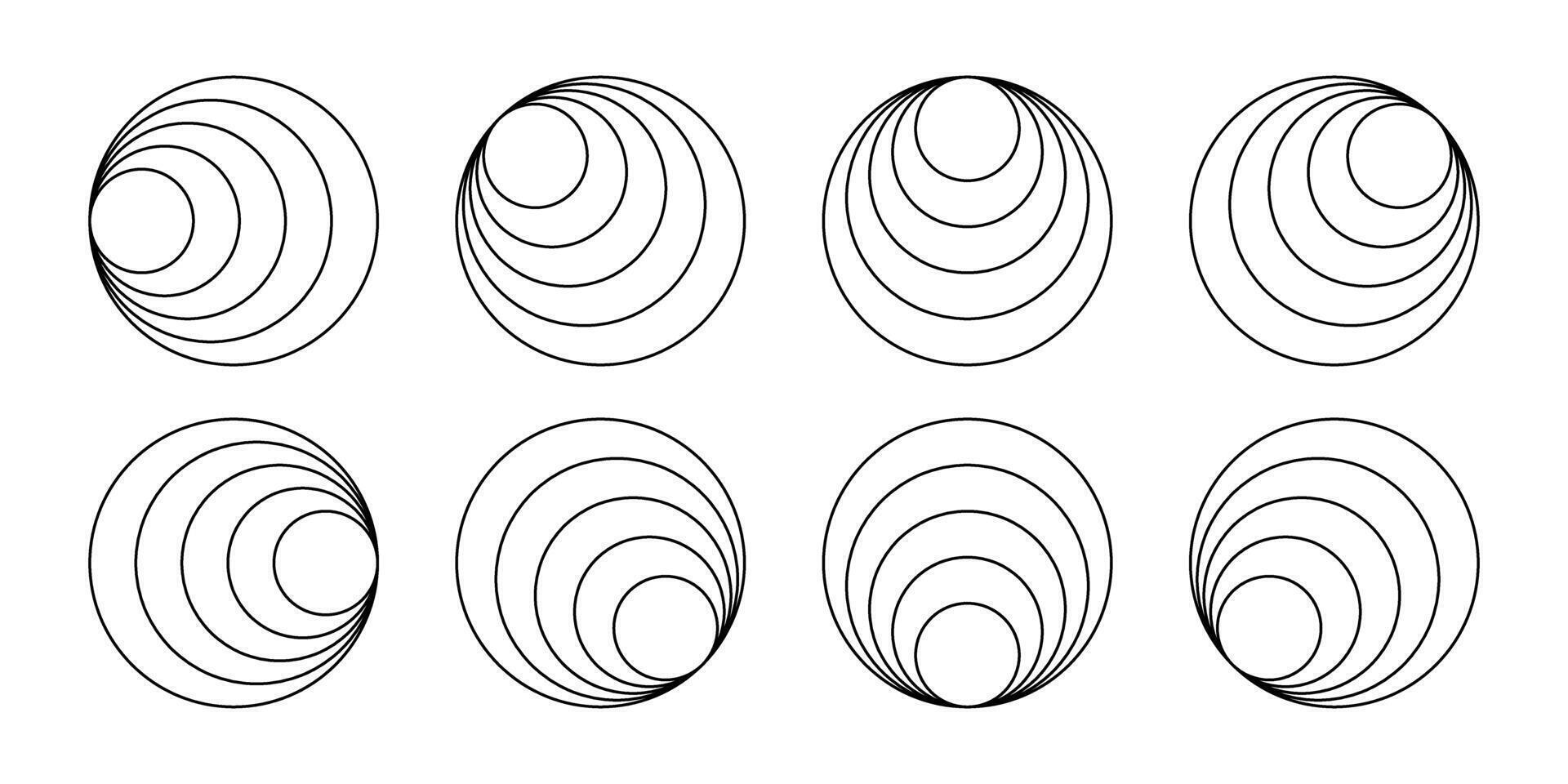Internally tangent circles. Sonic boom or sound wave sign. Clamshells shapes. Hawaiian earrings. Simple geometric figures. Concentric rings isolated on white background. graphic illustration vector