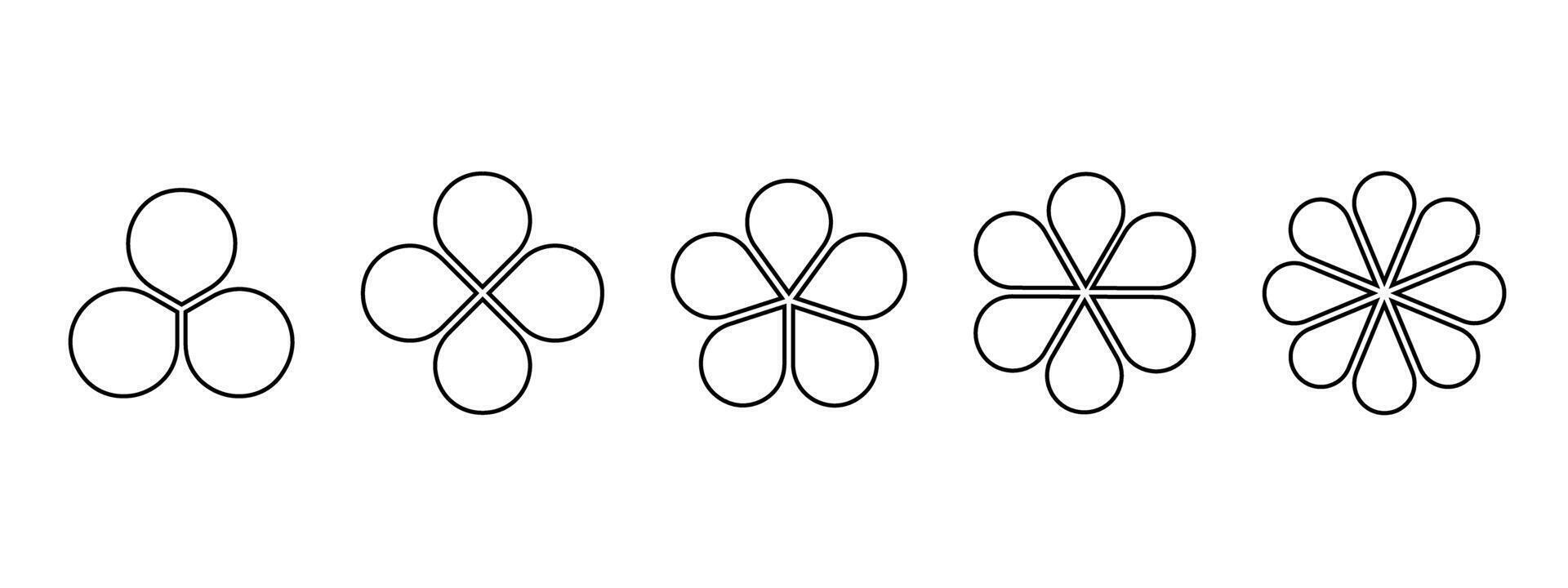 Set of flower diagrams divided into equal sections. Collection of pie charts with petals isolated on white background. Floral templates for data presentation. graphic illustration vector