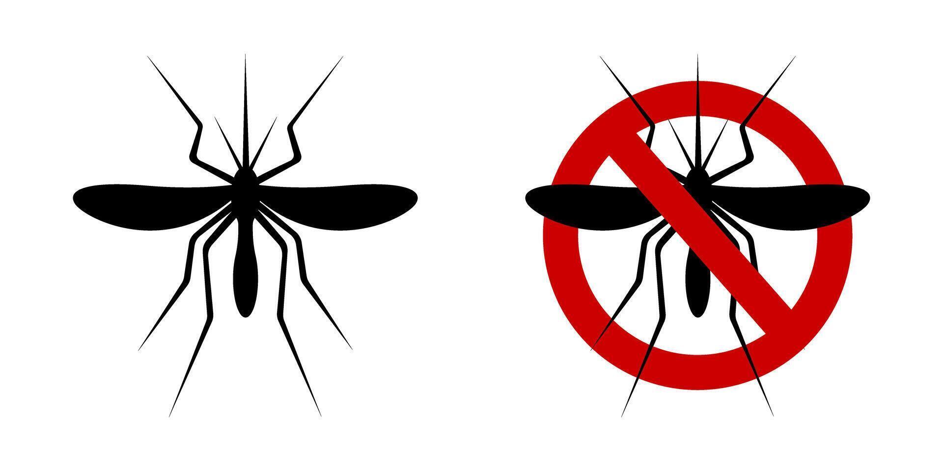 Mosquito icon and anti gnat forbidden sign for insect spray repellent isolated on white background. Warning pictograms. Stop malaria sticker. flat illustration vector