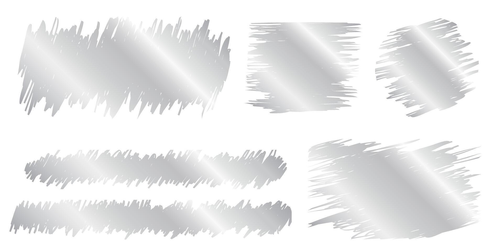 Silver scraped scratchcard textures. Collection of shining metallic scratch card, lucky game ticket, lotto winner, money prize or sale coupon surfaces isolated on white background vector
