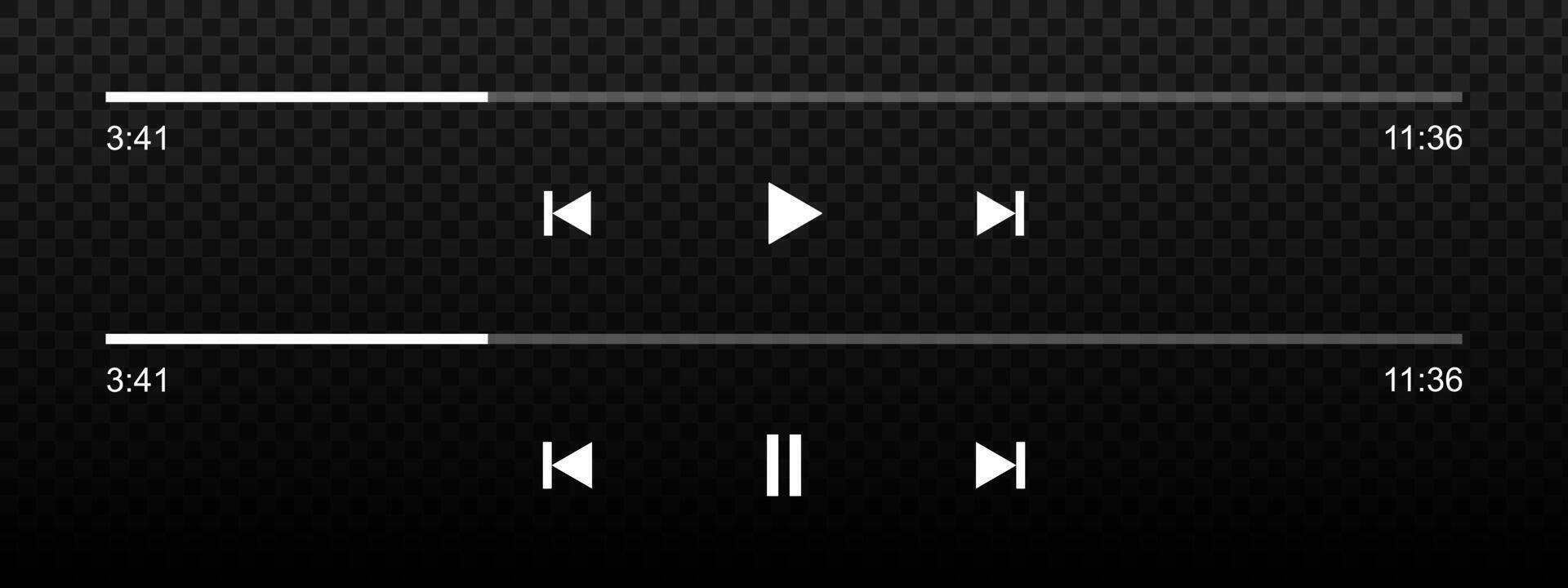 Audio or movie player progress loading bars with time slider, play and pause, rewind and fast forward buttons. Mediaplayer mobile application playback interface template. graphic illustration vector