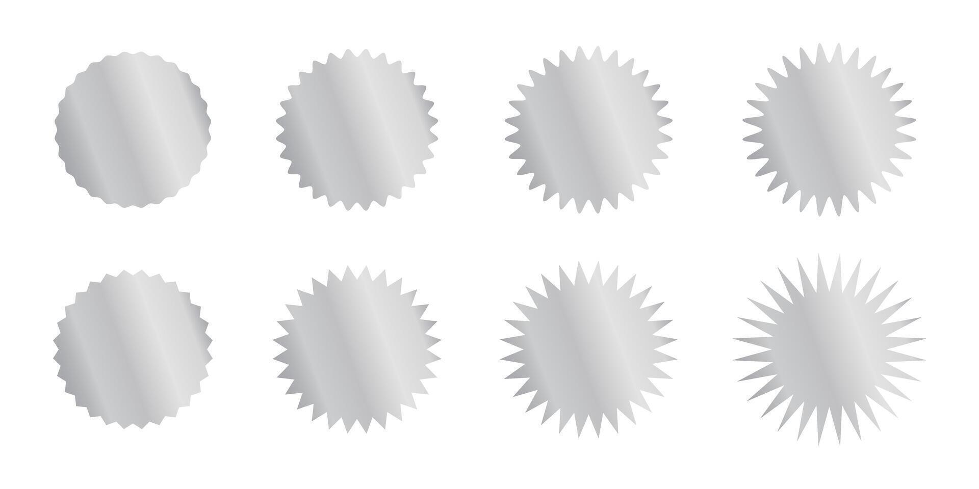Round silver stickers with wavy and zigzag borders. Shining metallic labels, badges, price tags, coupons, stamps curvy shapes isolated on white background. illustration vector
