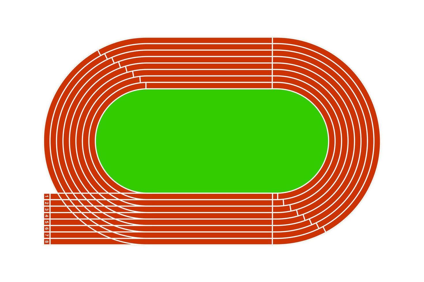 Red running track with green grass field. Stadium top view. Racetrack for sprint, marathon or other athletic sports competition isolated on white background. flat illustration vector