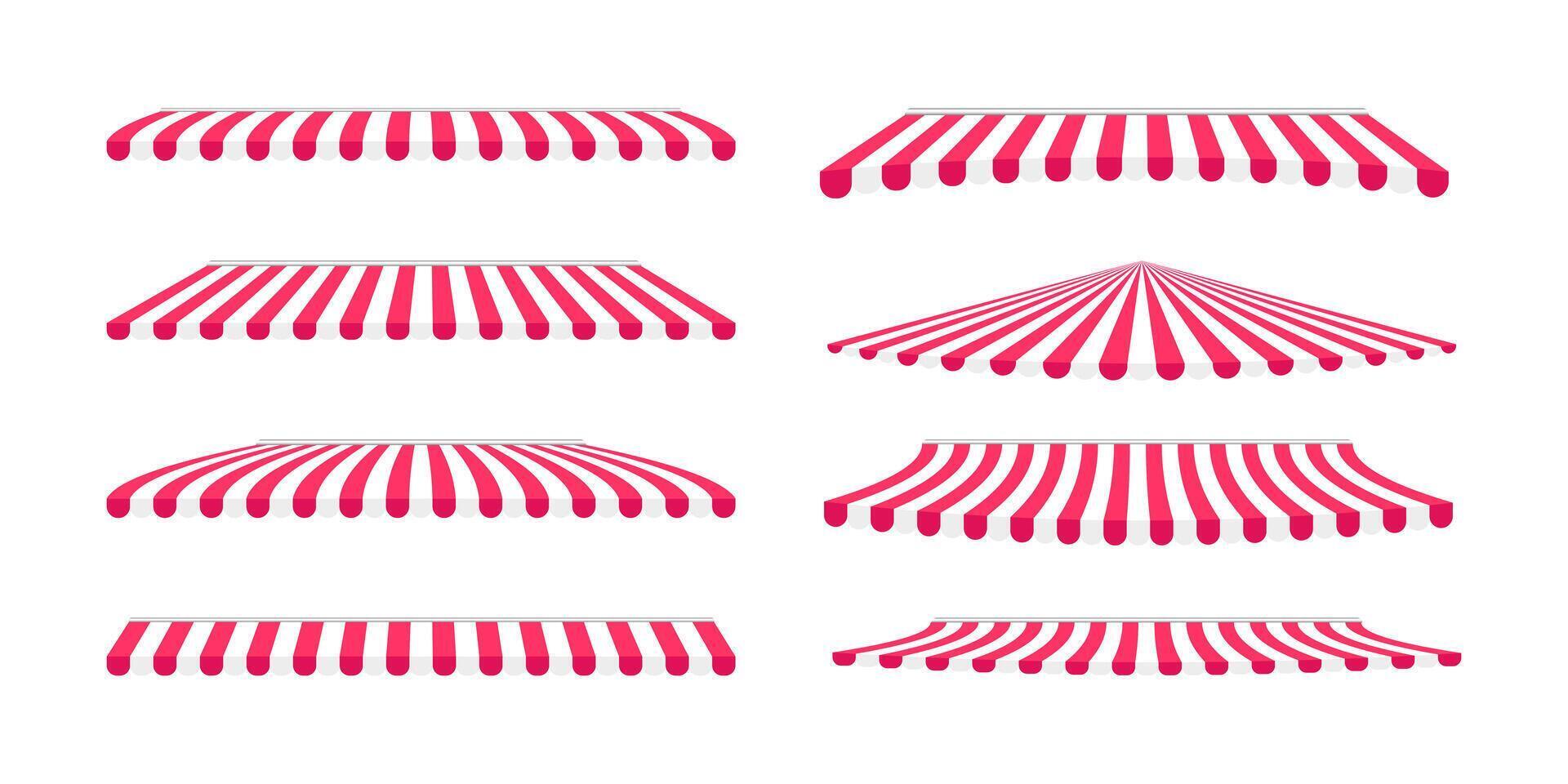 Set of shop awnings. Striped red and white store canopies. Collection of market tents. Cafe sunshade mockups. Circus domes. Kiosk umbrellas isolated on white background. flat illustration vector