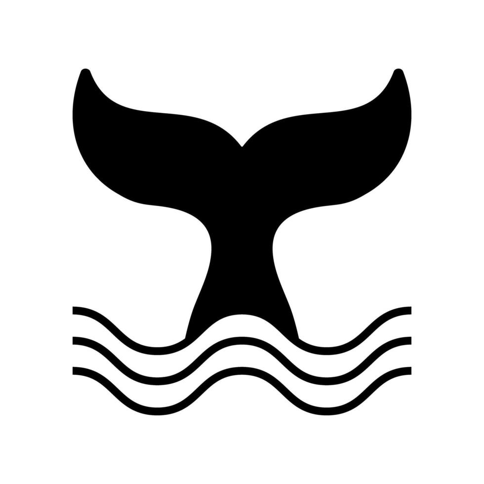 Tail of whale diving into water. Black cetacean animal fin silhouette in sea or ocean waves isolated on white background. Dolphin, orca, beluga or another marine mammal icon. illustration vector