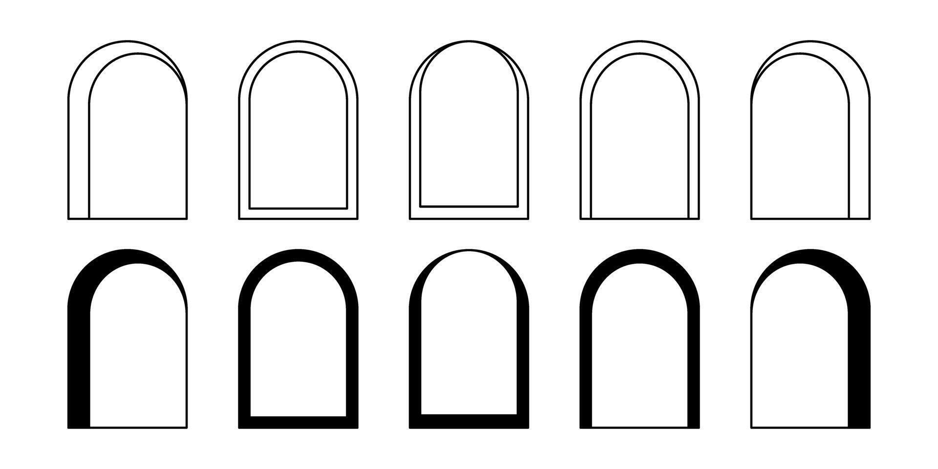 Set of different arch frames. Geometric arc shapes in trendy bohemian style. Window, door, portal or gate silhouettes in archway form isolated on white background. graphic illustration vector