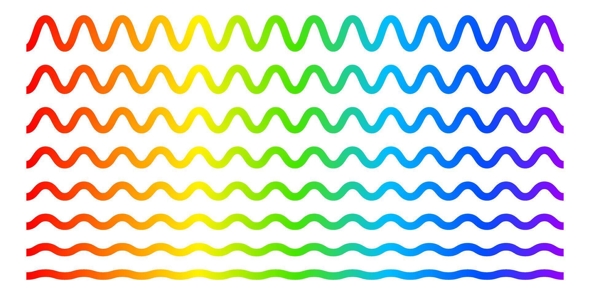 Set of wavy lines with rainbow print. Visible light spectrum curves. Multicolored undulated stripes isolated on white background. Wiggly borders with gradient effect. illustration vector
