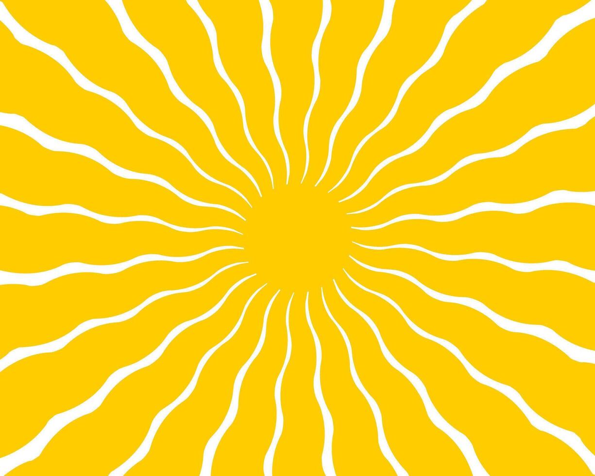 Groovy sun background. Wavy yellow rays. Sunburst, sunrise or sunset poster. Summer theme wallpaper. Modern psychedelic print. Positive vibes design. flat illustration vector