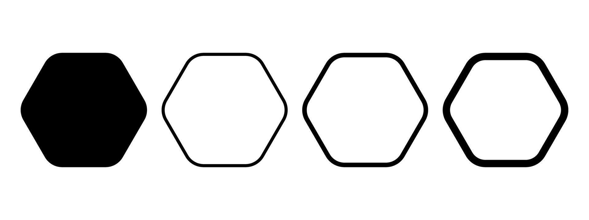 Set of geometric figures with 6 rounded corners. Hexagon or honeycomb shapes and frames isolated on white background. graphic illustration vector