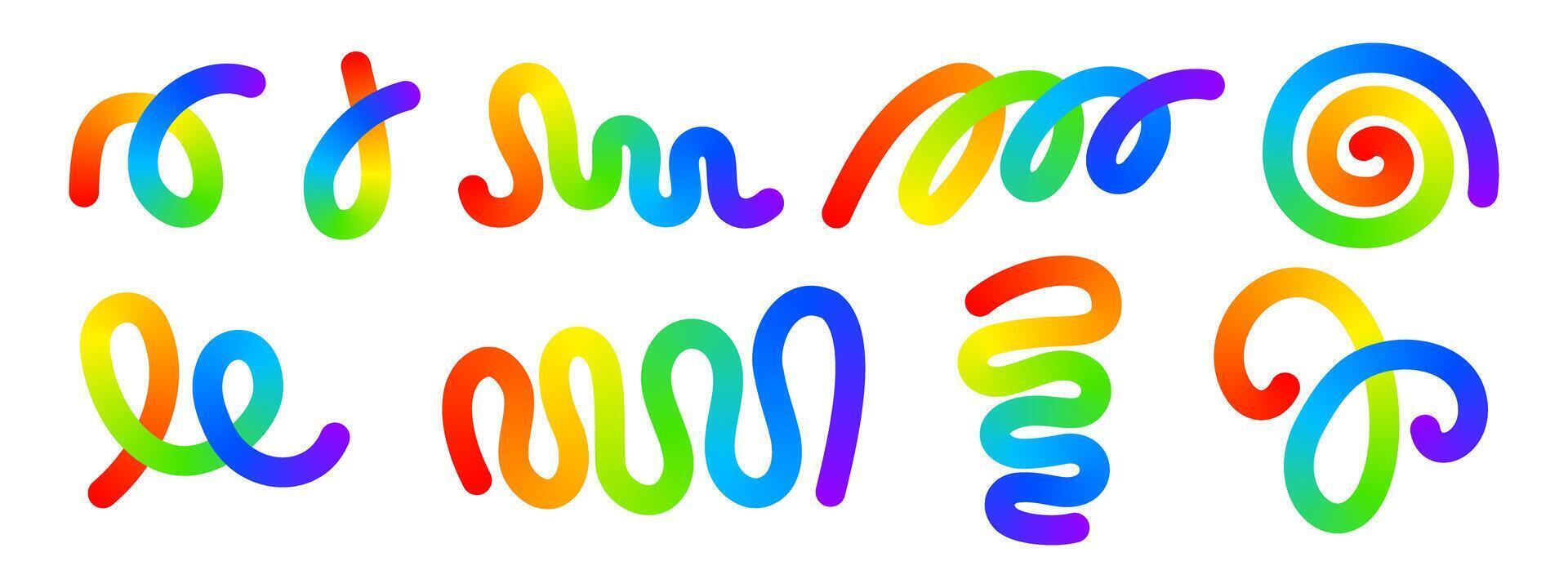Set of rainbow-colored curvy lines. Multicolored squiggles, spirals and loops in trendy spline style. Organic doodle figures with gradient effect isolated on white background. illustration vector