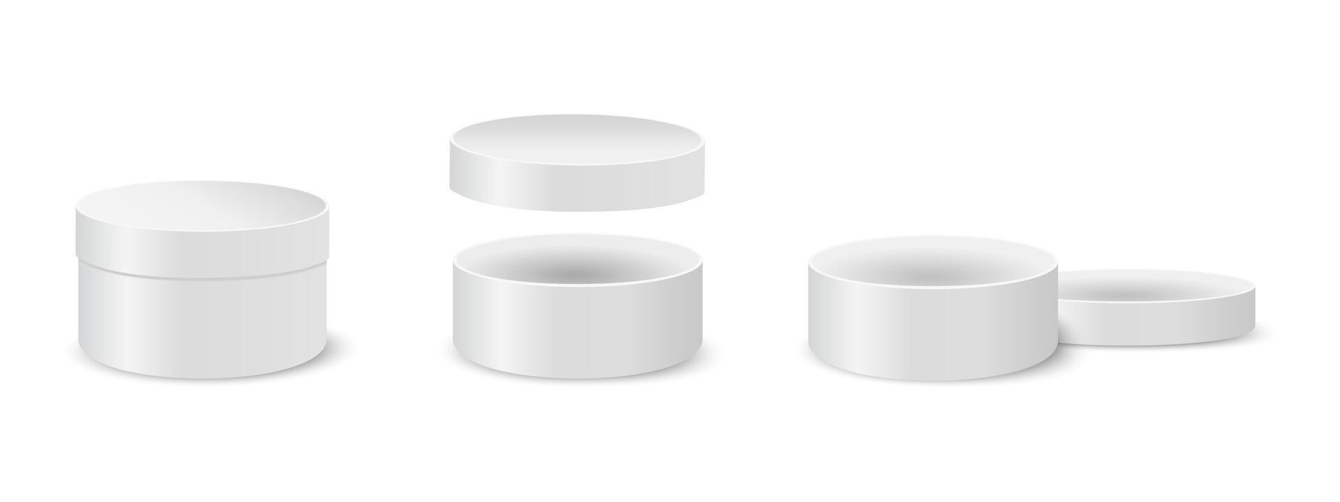 Round boxes with closed and open lids. Rounded containers for gifts or hats, cosmetics or medicine, sweets or cookies. Silver cylindrical tin or cardboard packages. realistic illustration vector