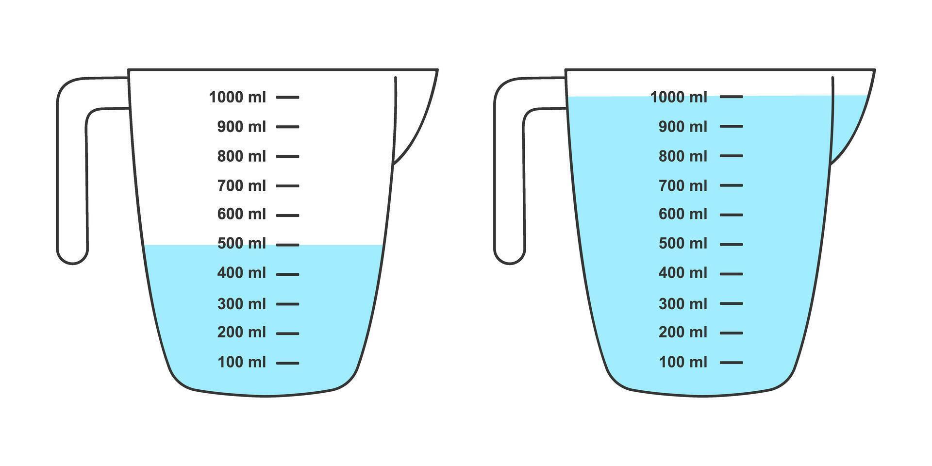 Half-full and water-filled measuring cups with 1 liter volume. Liquid containers for cooking with fluid capacity scale isolated on white background. flat illustration vector