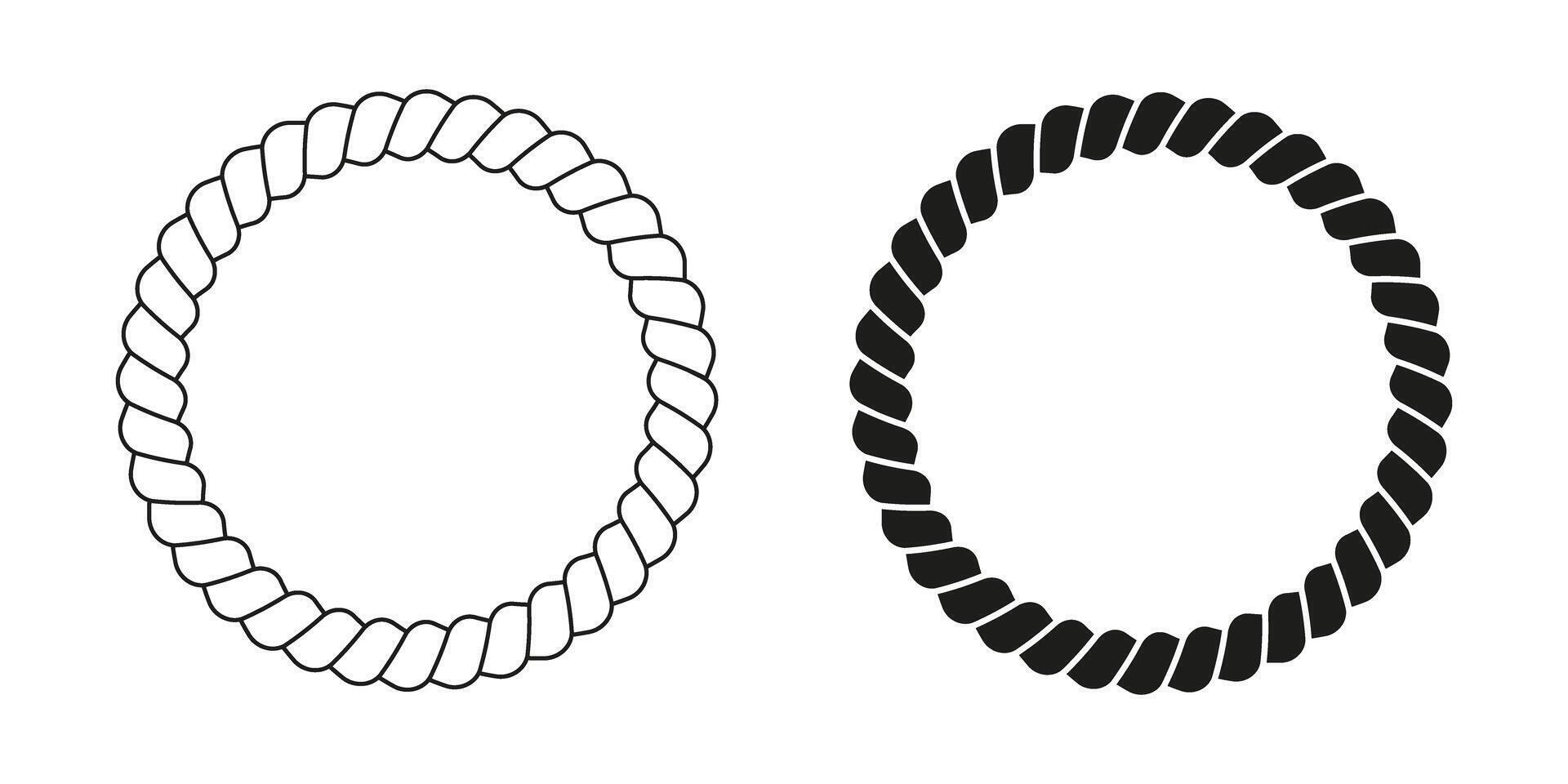 Black and white round rope frames. Cord or thread, steel cable or hemp twine, jute circular borders. Design elements in yacht or nautical style. graphic illustration vector