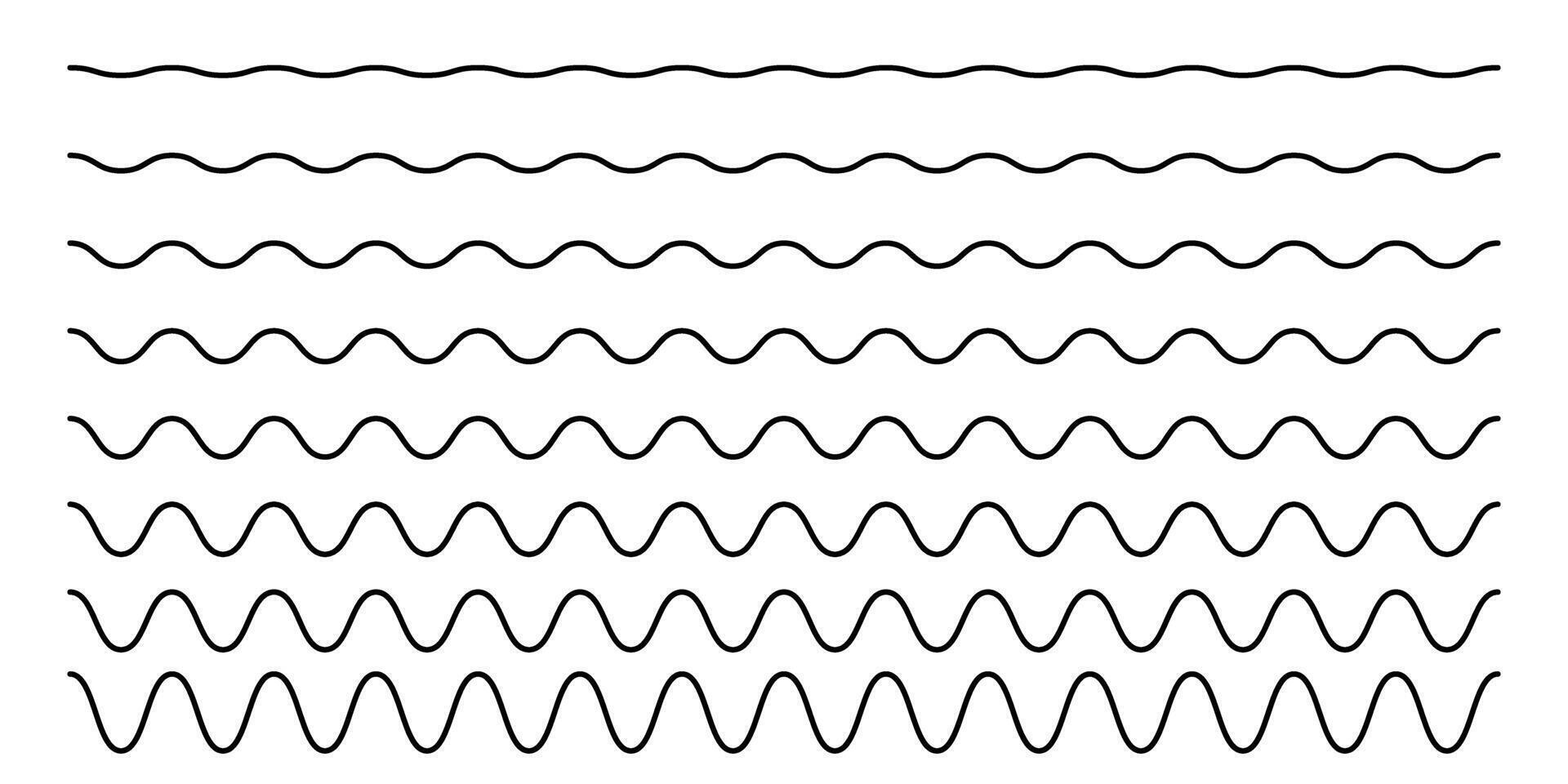 Set of curvy horizontal lines. Wavy borders. Sine or cosine curves. Water, fluid, air or wind symbols. River, sea, lake or ocean signs isolated on white background. graphic illustration vector