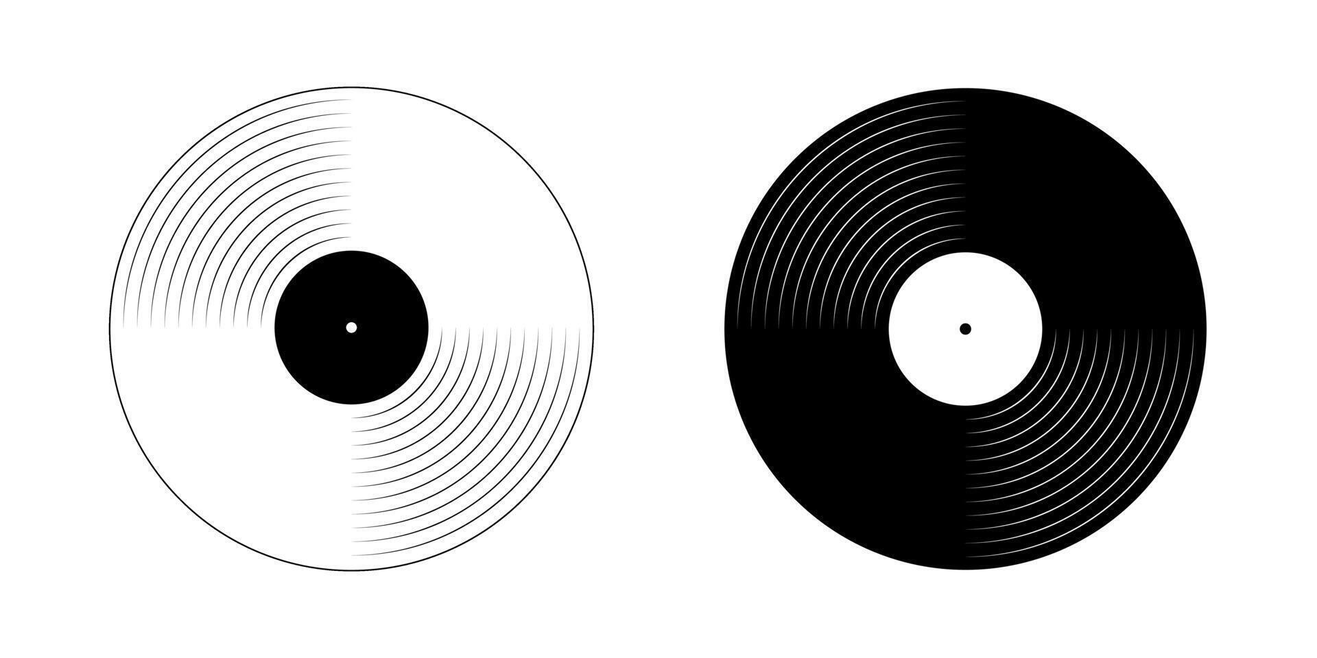 Black and white gramophone vinyl plate icons. LP or long play music records. DJ equipment. Techno party or 70s 80s 90s discotheque nostalgia concept. graphic illustration vector