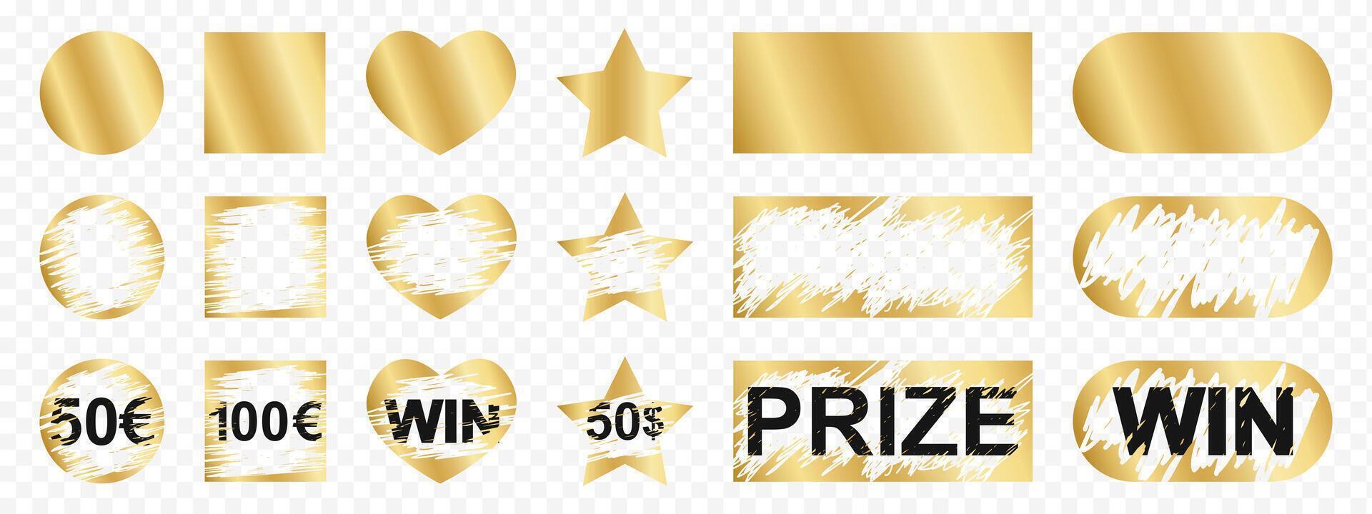 Set of gold scratch card surfaces with new and scraped textures and Win, Prize and money winning text. Collection of winner lotteries, sale coupons, jackpot scratchcards templates vector