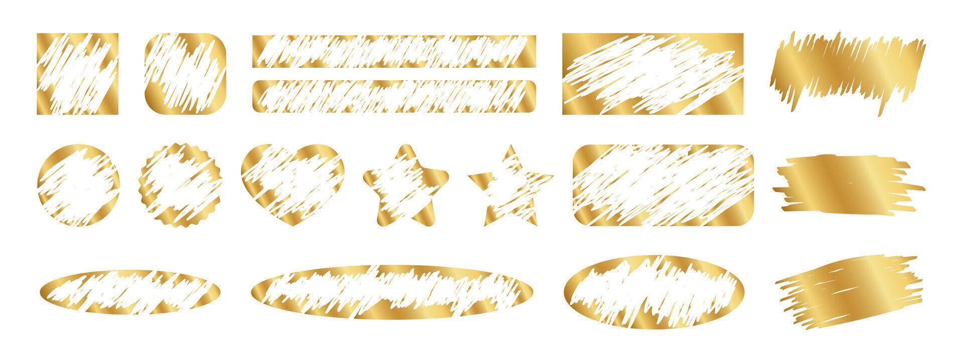 Set of gold scratch card surfaces in square and circle, rectangle and oval, star and heart forms. Collection of winner lotteries, sale coupons, jackpot scratchcards templates. illustration vector
