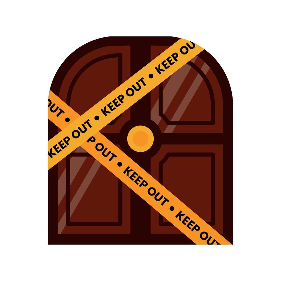 Flat icon of a door with Keep Out tape, symbolizing crime scene or restricted legal zone vector