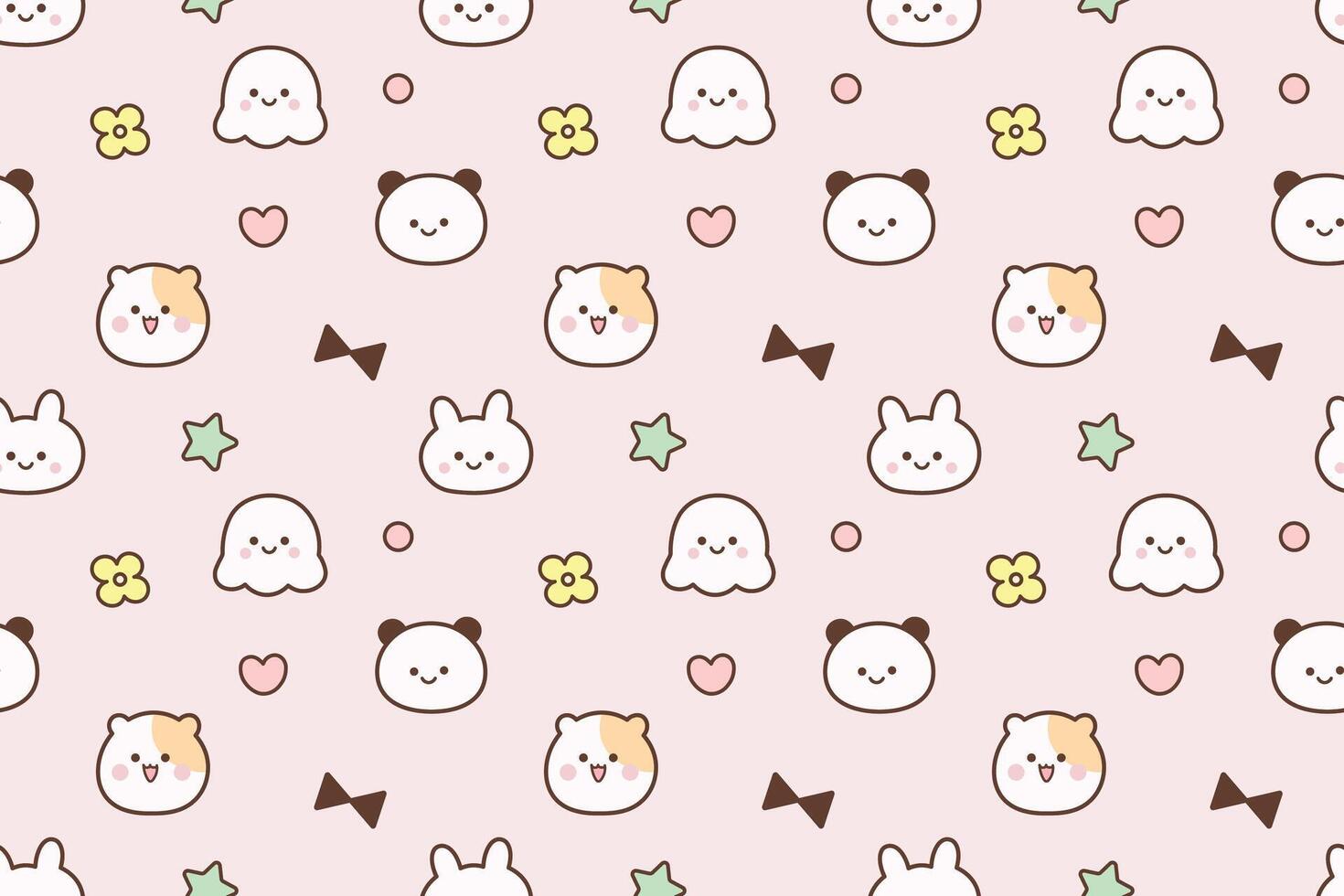 Kawaii seamless pattern with cute animal faces, pastel flowers and stars on pink background vector