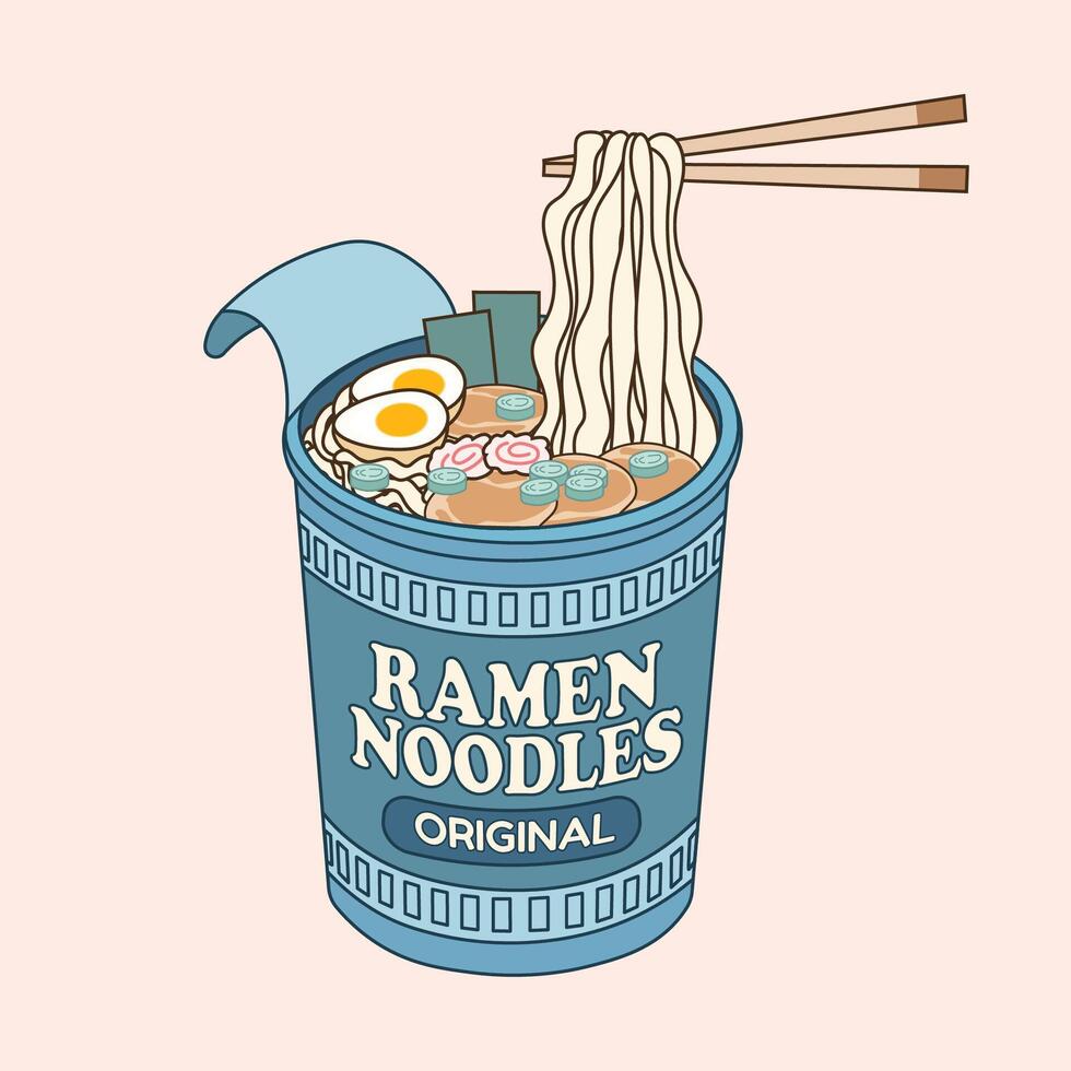 Cute ramen noodles cup illustration with chopsticks and toppings in pastel color palette vector