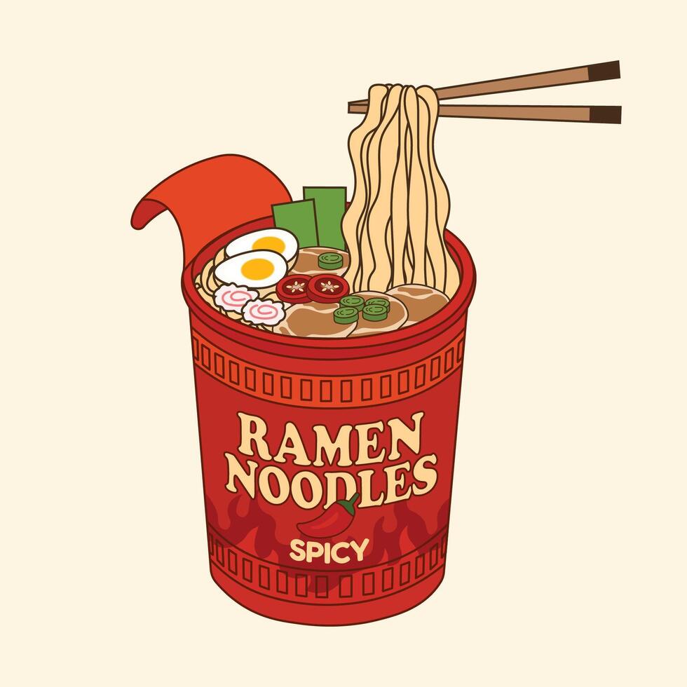 Spicy ramen noodles cup illustration with chopsticks and hot toppings in bold red packaging vector