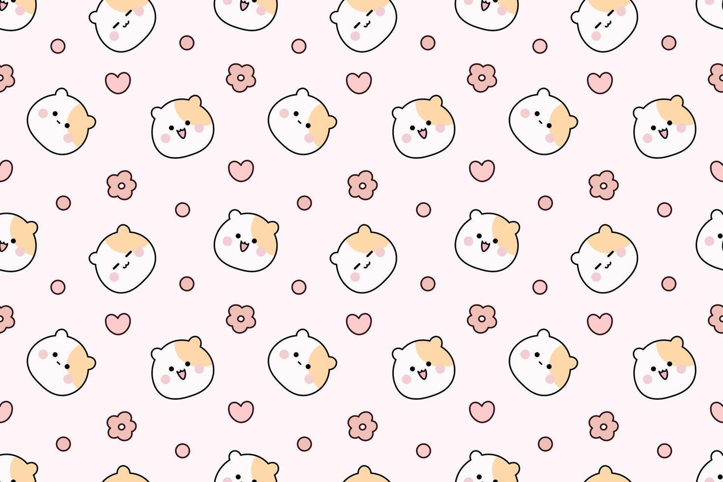 Kawaii seamless pattern with cute hamsters, hearts, and flowers on pastel pink background vector