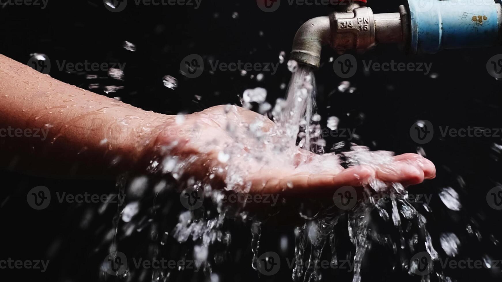 Close-Up of Water Flowing from Faucet onto Hands Against Dark Background, Highlighting Cleanliness and Hygiene photo