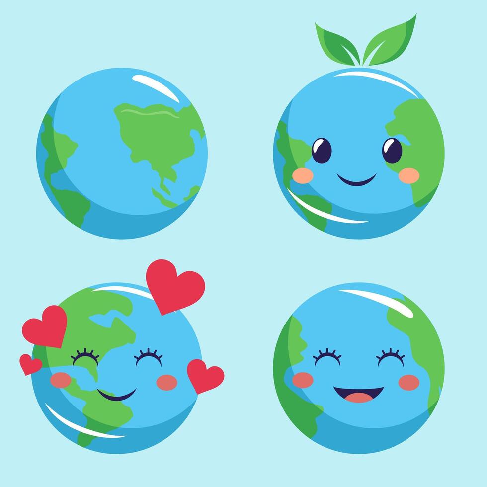 Cute Earth Globe Icons with Hearts, Leaves, and Smiling Faces vector