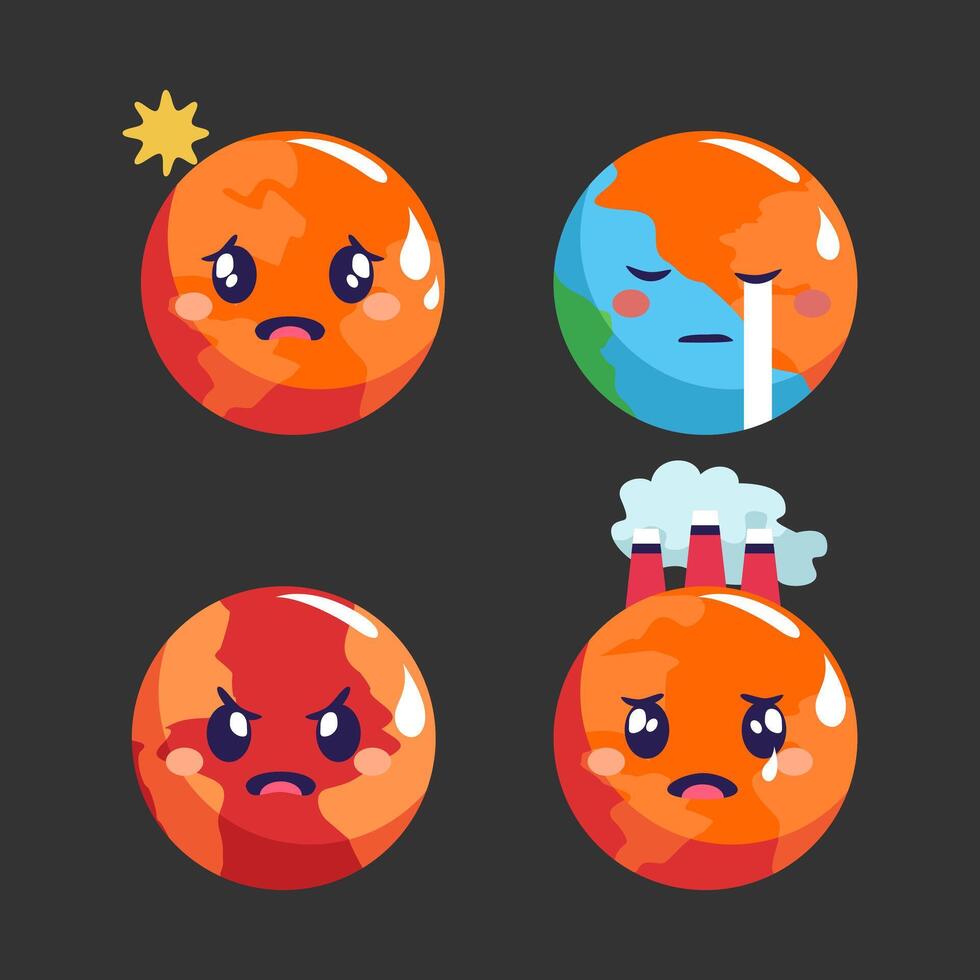 Collection of Cute Planets Depicting Environmental Issues and Distress vector