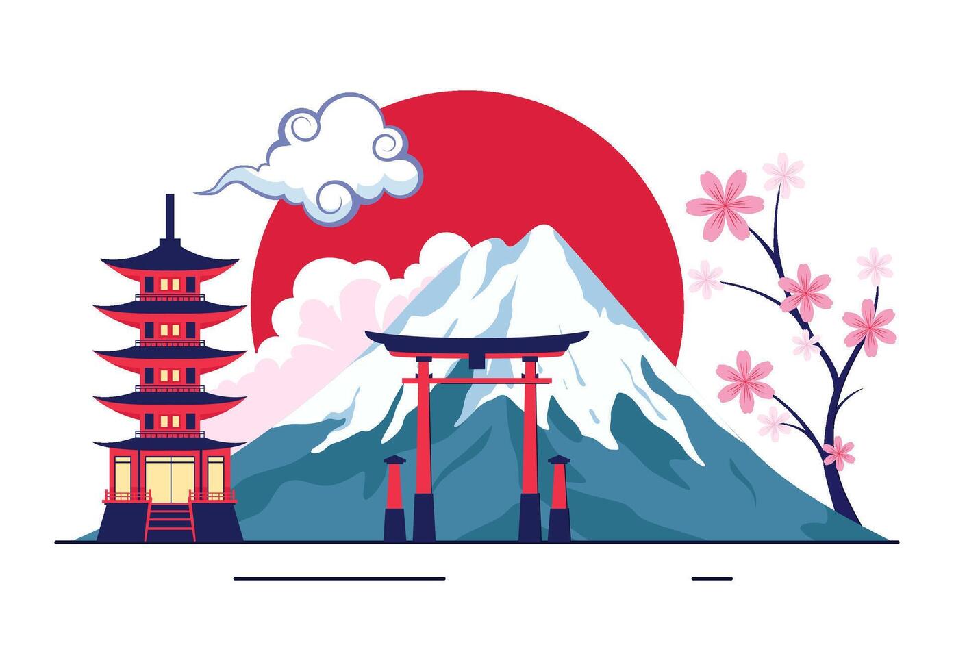 Colorful Mountain Day in Japan Illustration with Sakura Petals and Mount Fuji View vector