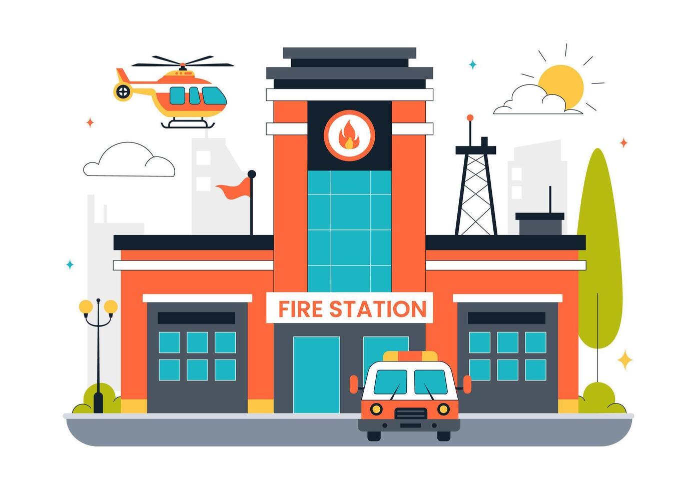 Fire Department Illustration Featuring Building and Red Fire Truck vector