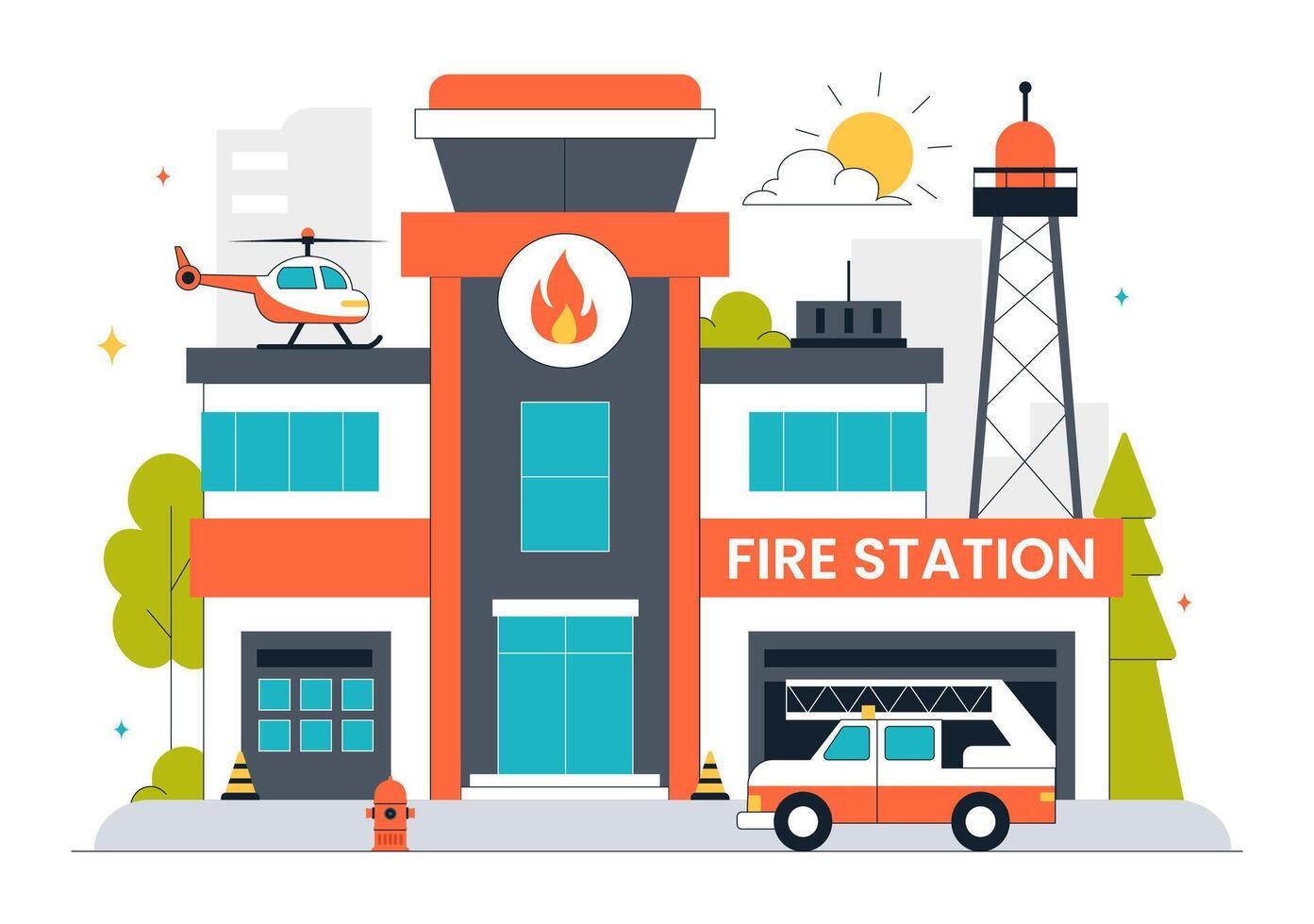 Firefighters and Fire Engine at Station in Flat Cartoon Design vector