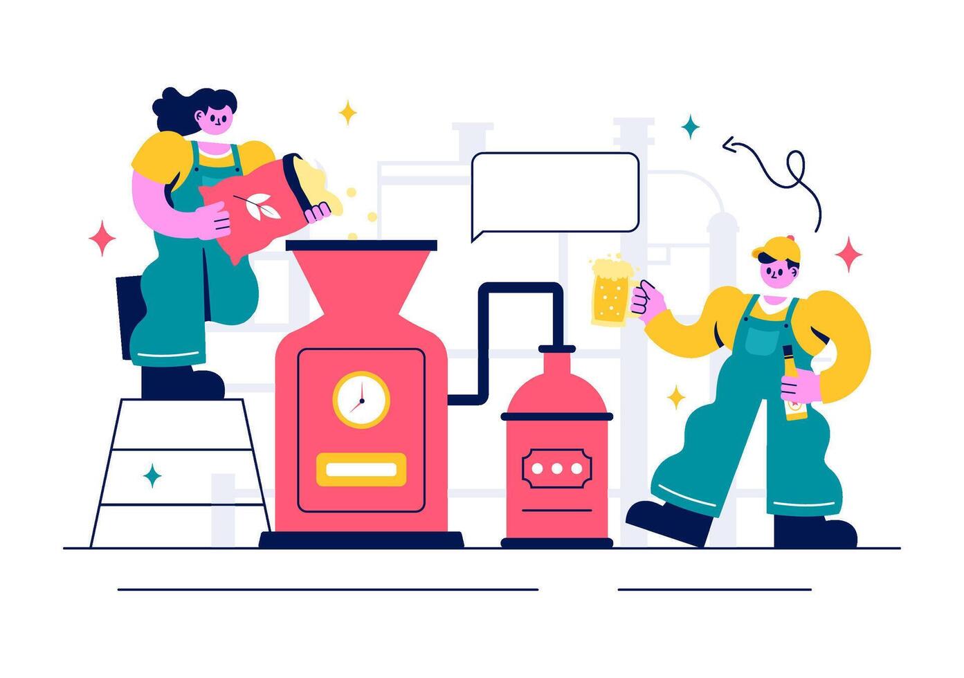 Beer Factory Concept Featuring Brewing Tanks and Bottle Production vector
