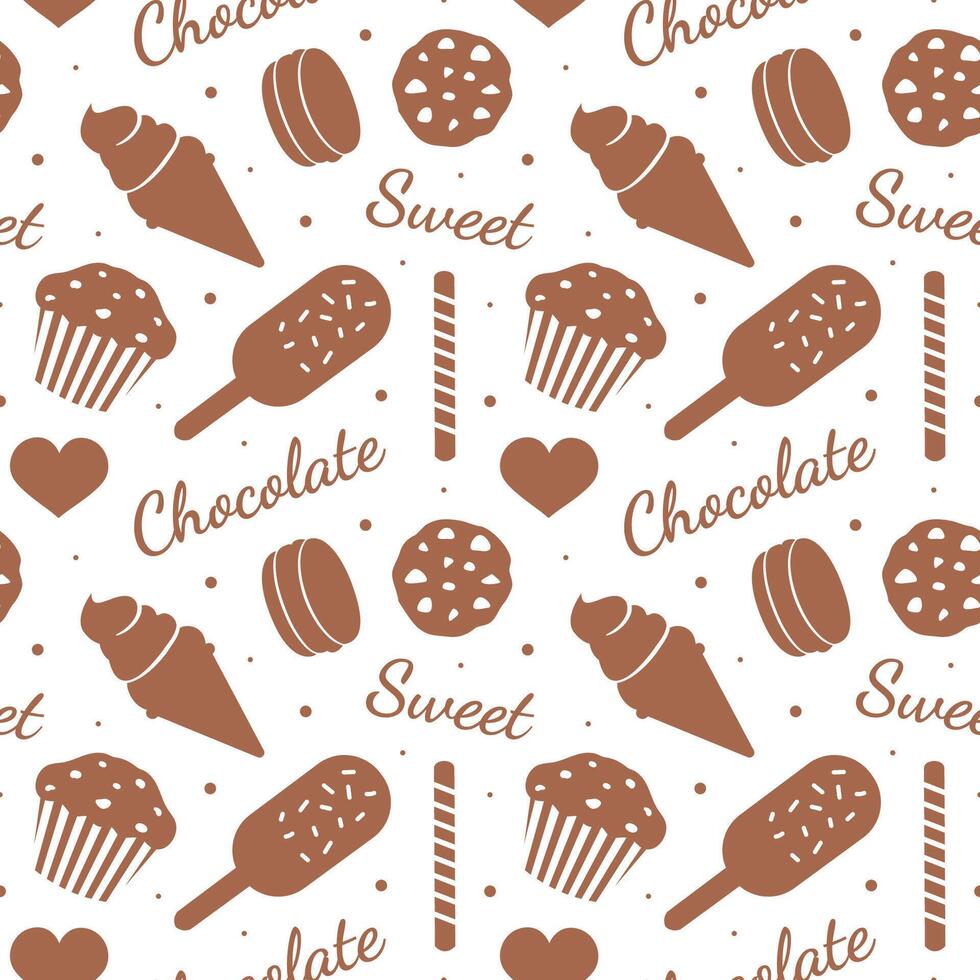 Seamless Pattern of Melted Chocolate, Cupcakes, and Sweets in Cartoon Style vector