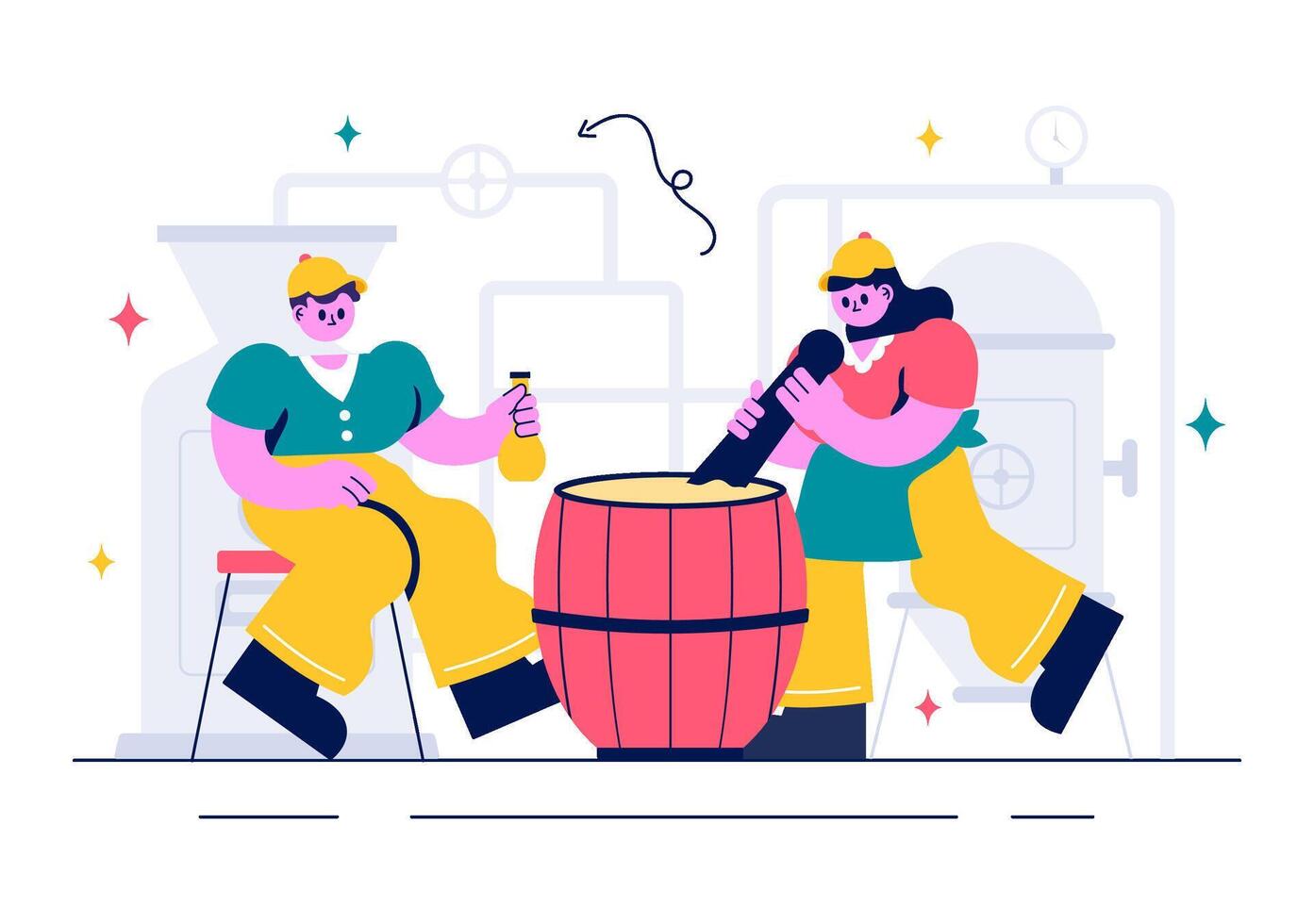 Flat Style of Beer Production with Fermenters and Bottled Alcohol vector