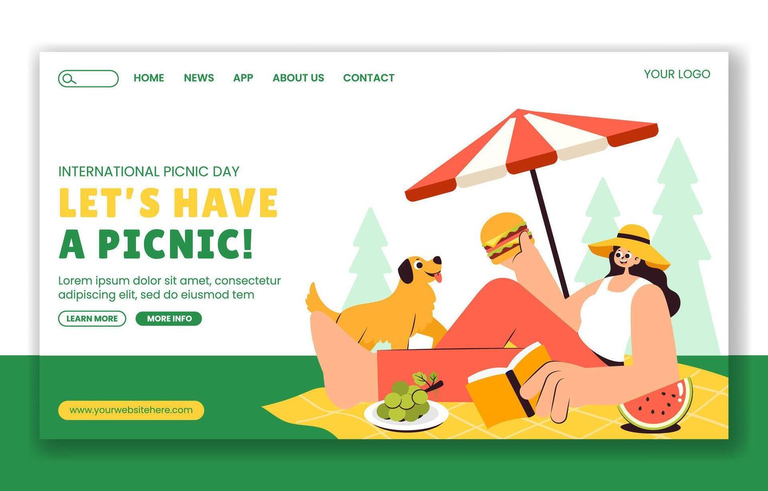Social Media Landing Page Hand Drawn Flat Illustration for Celebrating International Picnic Day vector