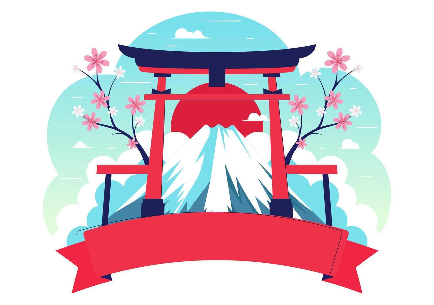 Scene of Mountain Day in Japan with Mount Fuji Landscape and Flowering Cherry Trees vector