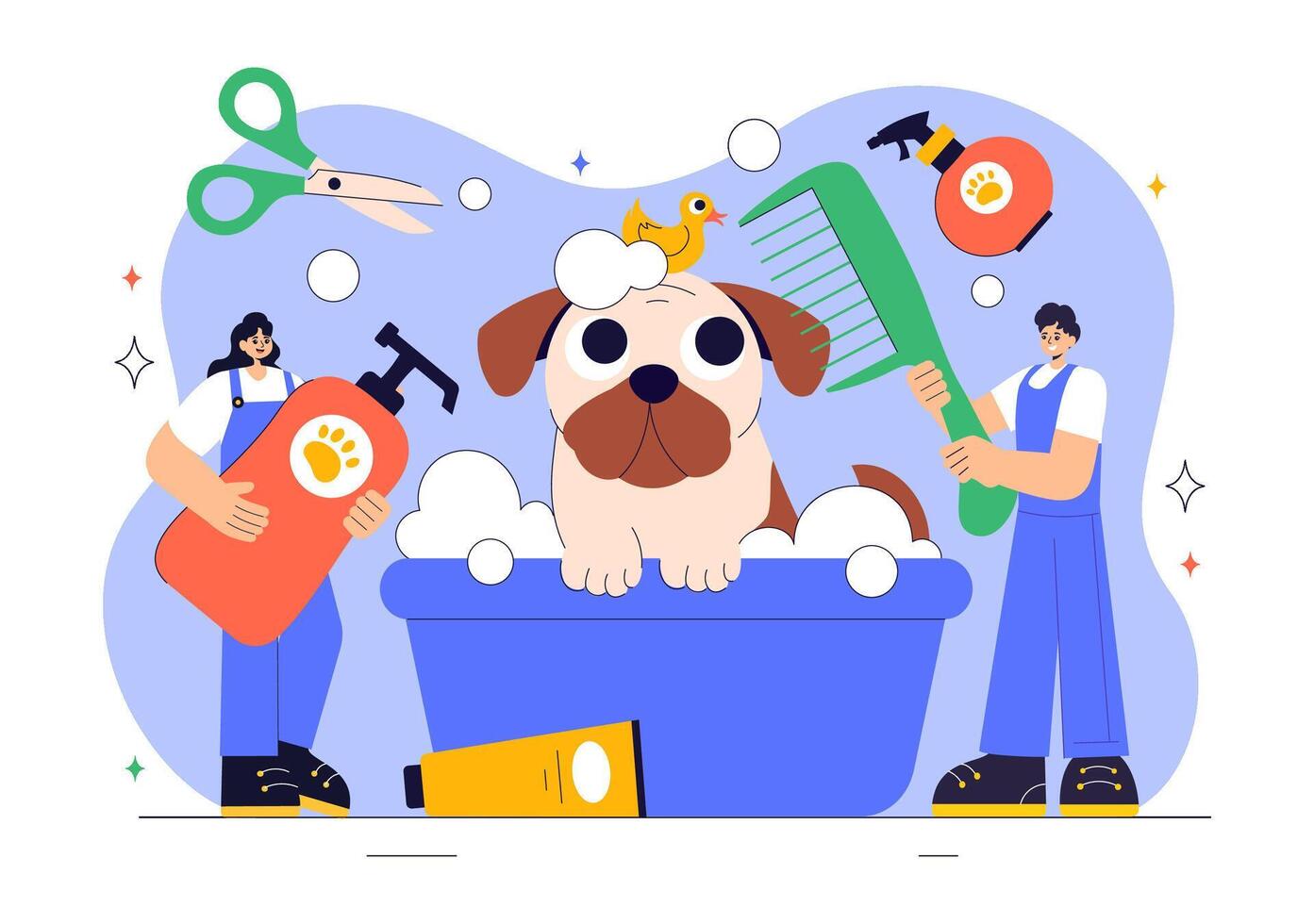 Pet Care and Grooming Illustration with Cute Dog and Cat in Flat Style vector