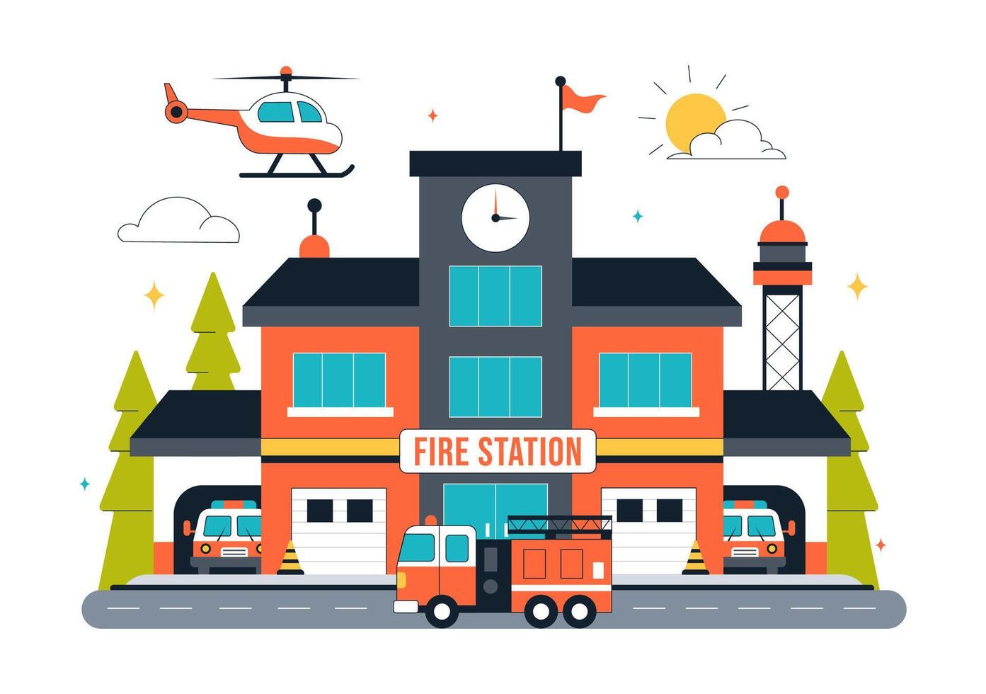 Fire Station Illustration with Firefighters and Fire Truck in Flat Cartoon Style vector