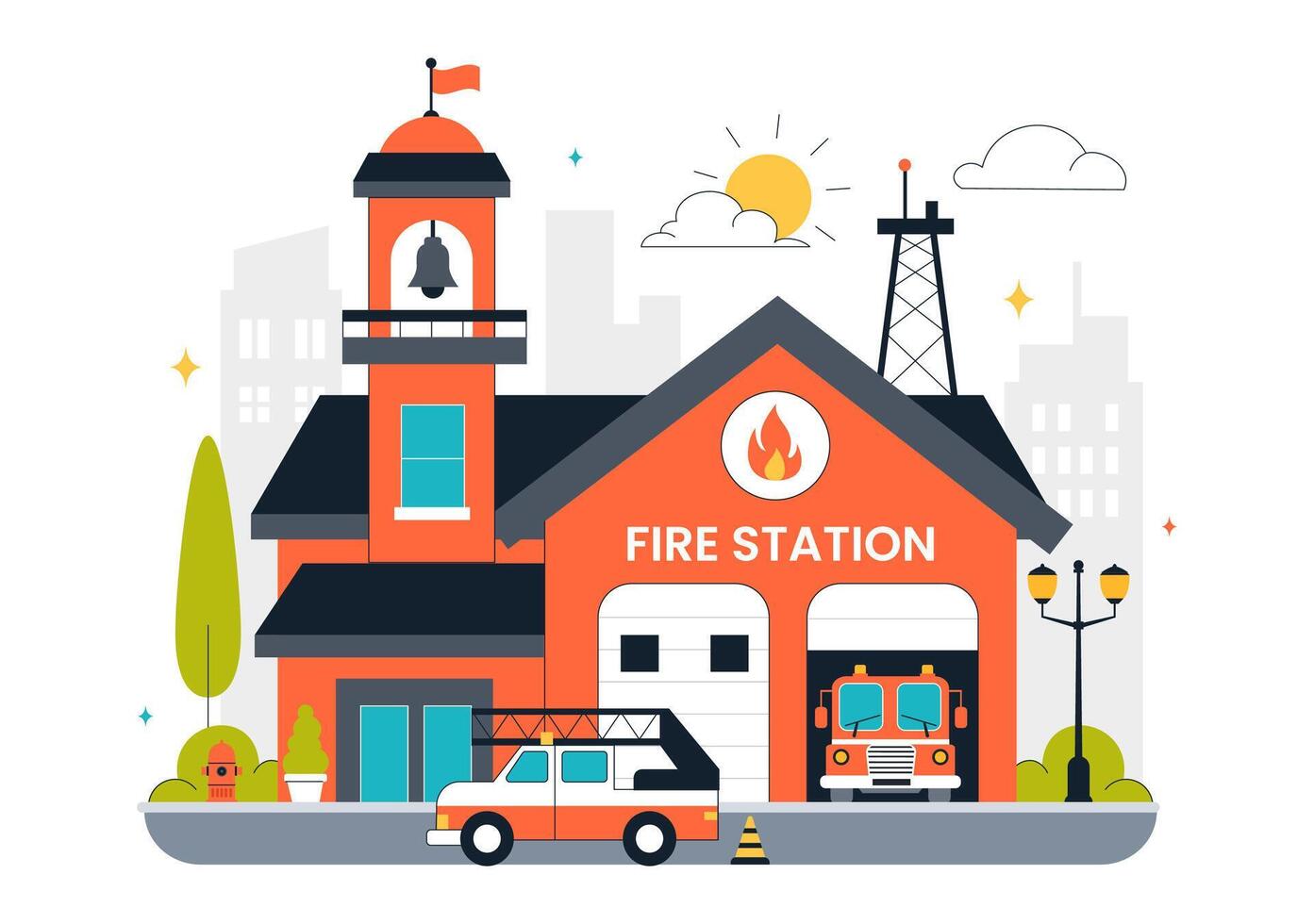 Firefighter Team and Fire Engine at Station in Cartoon Background vector