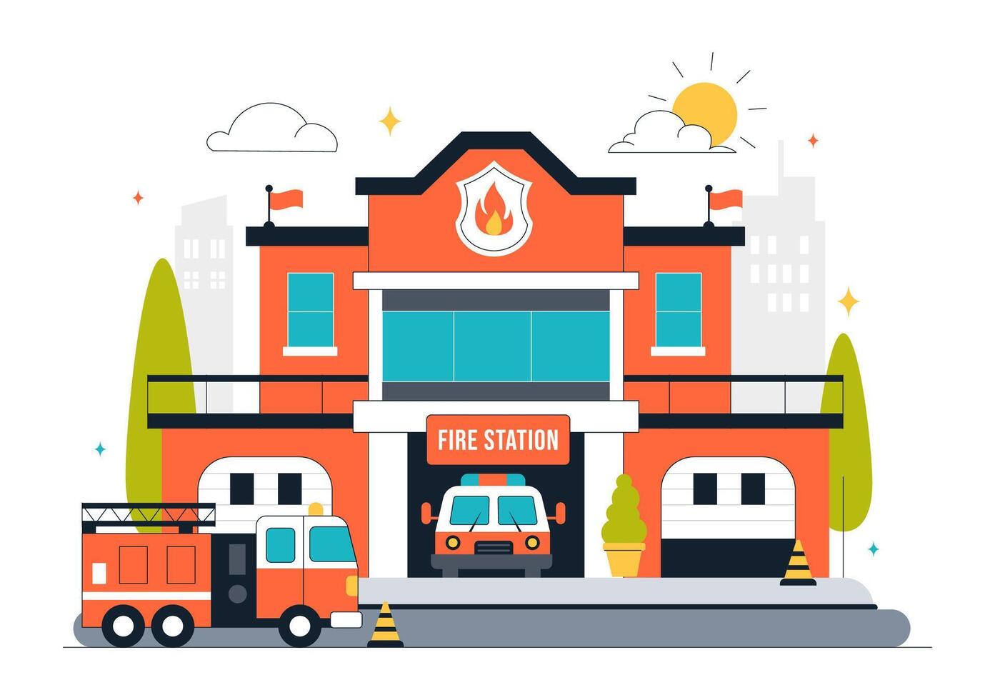 Flat Style Illustration of Firefighter Station and Emergency Engine vector