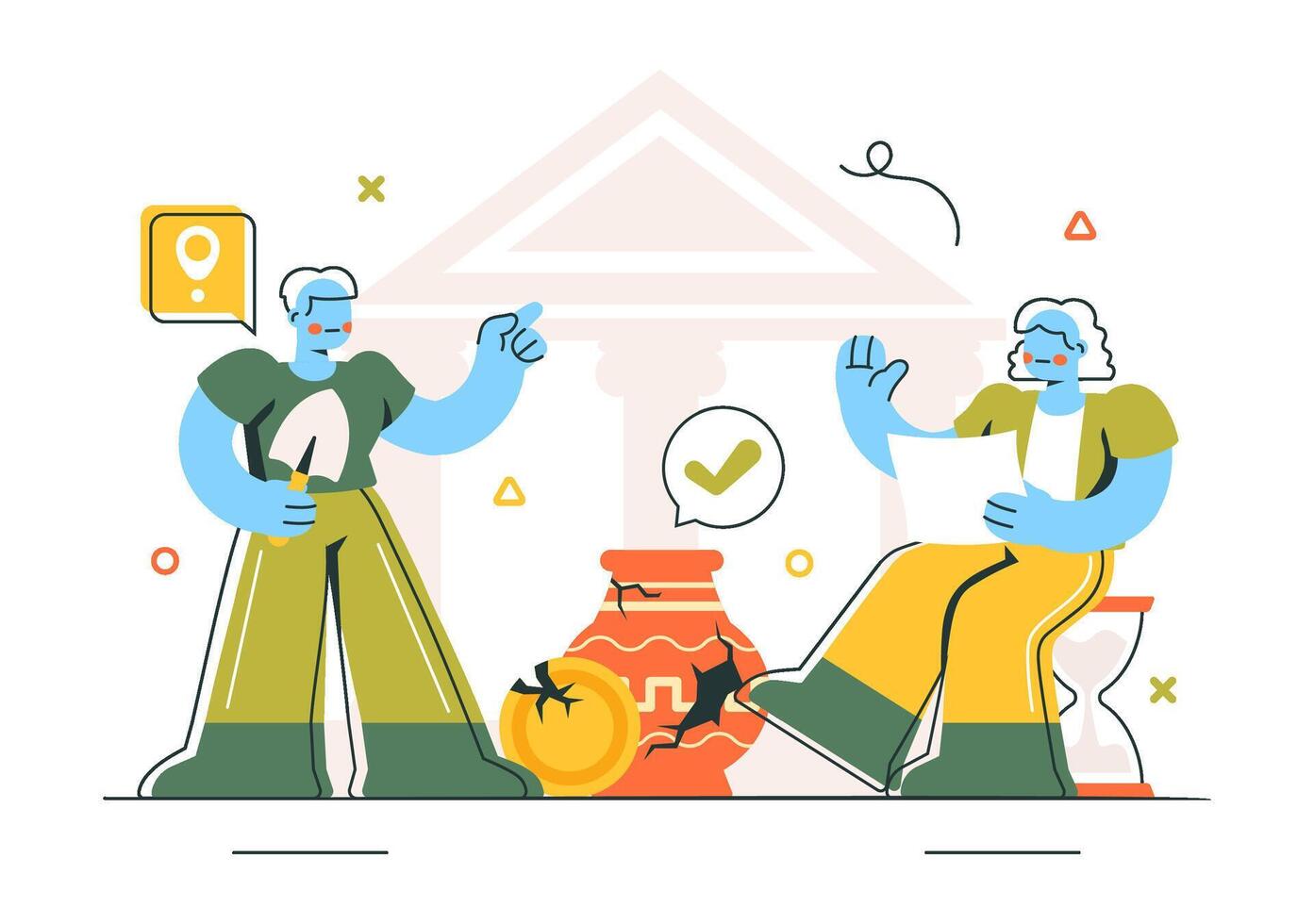 Flat Style of a Dig Site with Ancient Artifacts, Ruins, and Dinosaur Bones vector