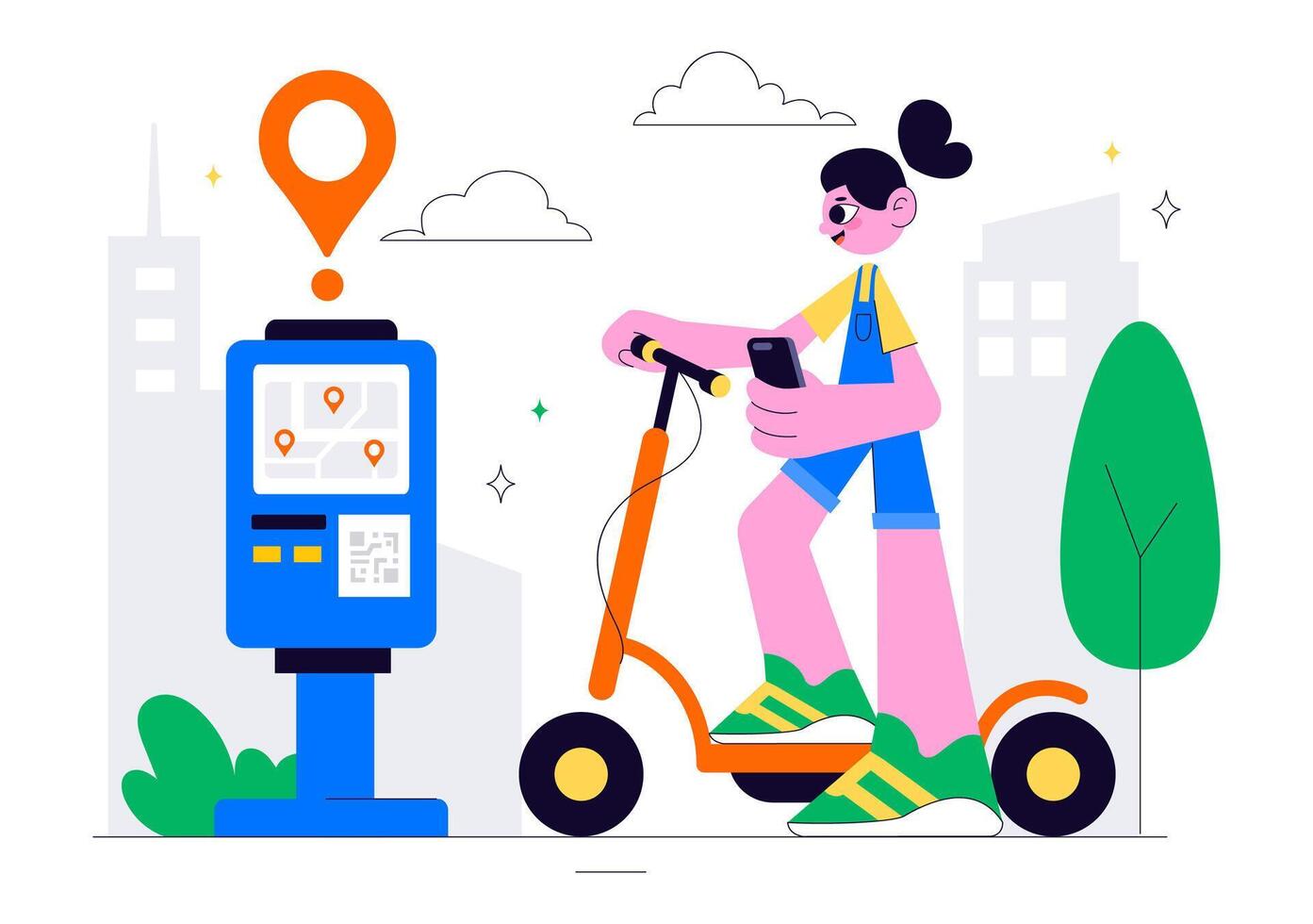 Green City Commute with Electric Scooter Rental in Cartoon Background vector