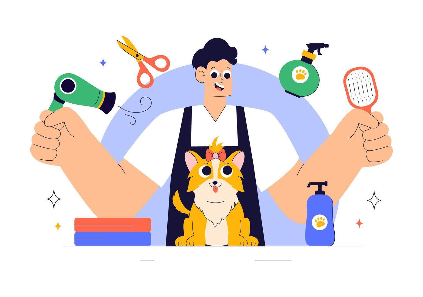 Pet Washing and Grooming Scene in Flat Colorful Background vector