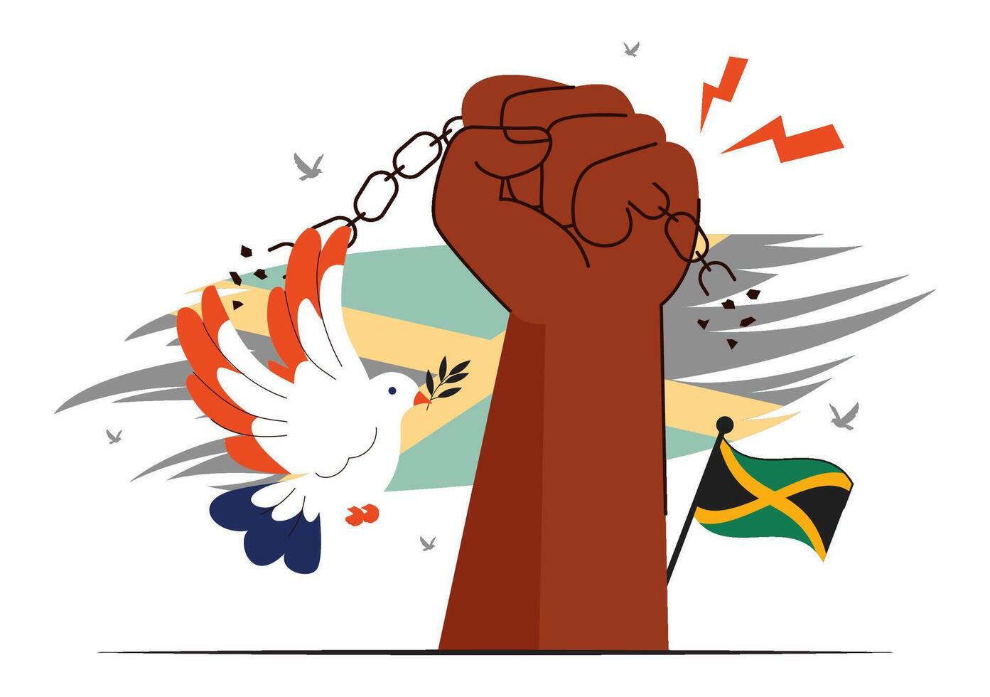 August 1 Jamaica Emancipation Day Illustration Featuring Chains Breaking and Flag Flying vector