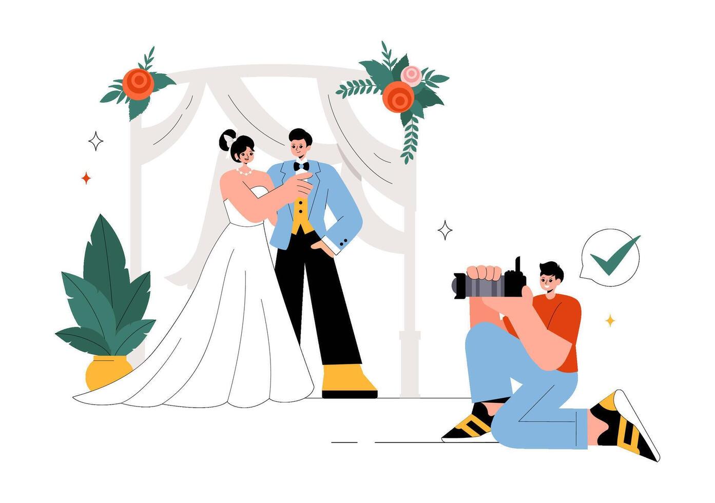 Flat Style Wedding Photoshoot Scene with Bride, Groom, and Photographer Illustration vector
