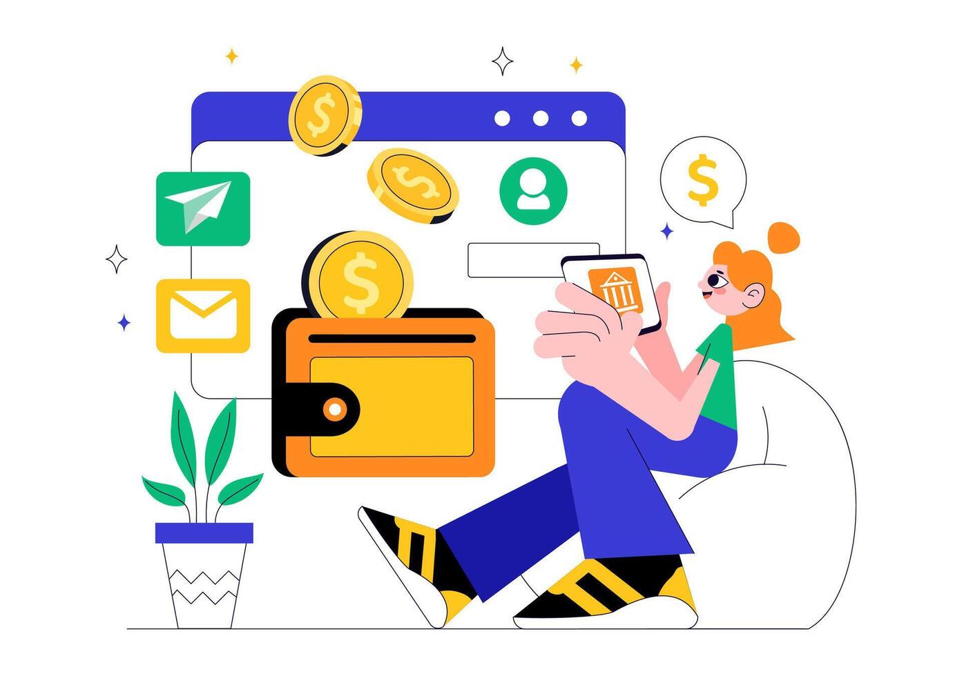 Flat of Mobile Wallet Application and Cashless Transactions vector