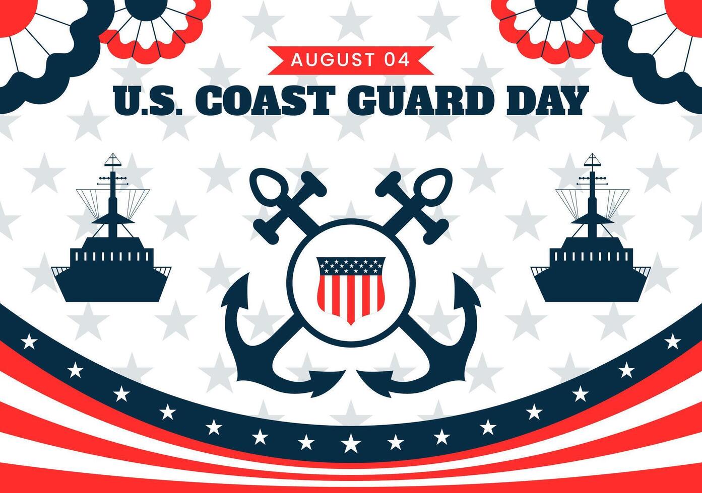 Flat Style of Coast Guard Day Featuring Ship and Waving American Flag vector