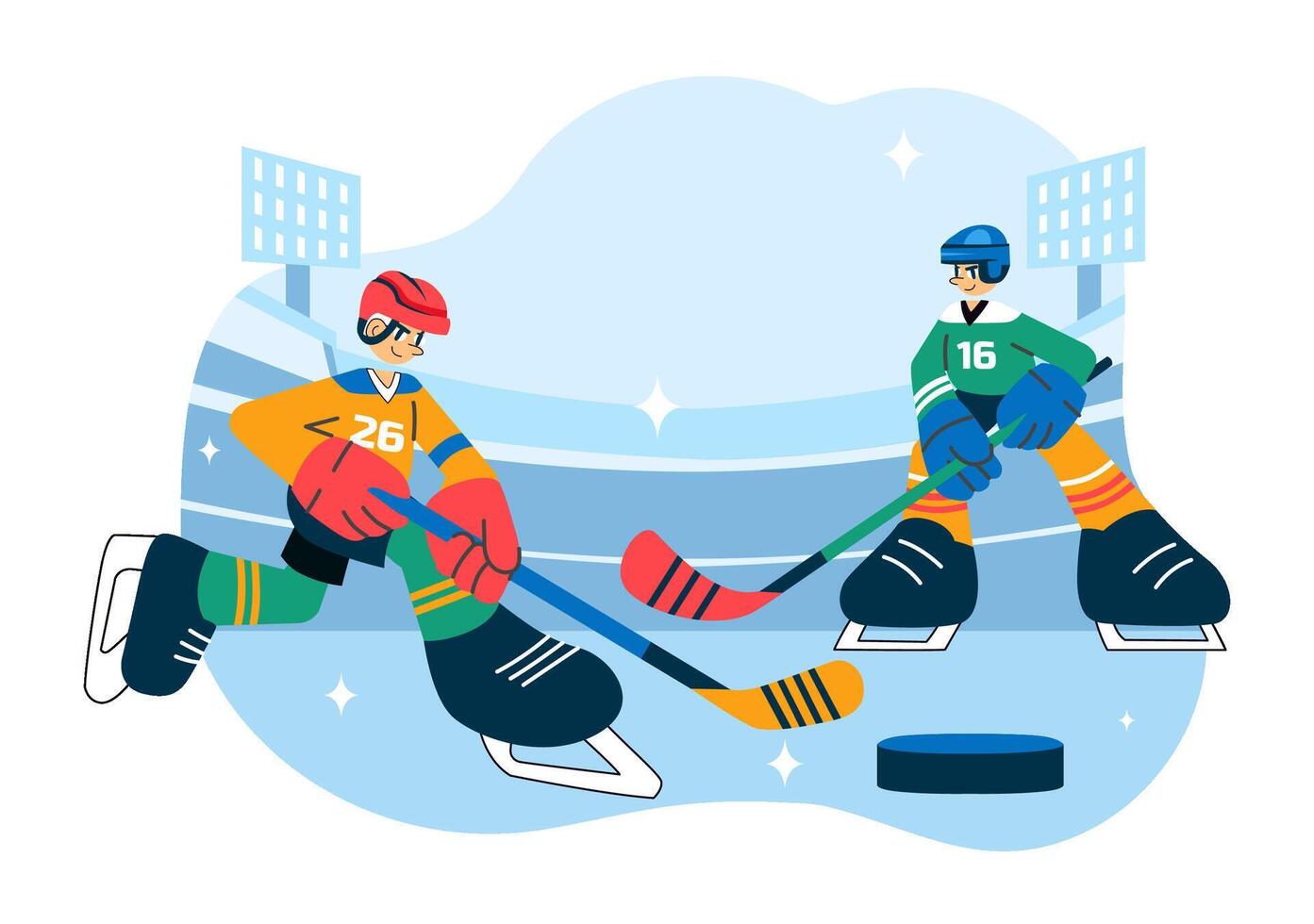 Flat Cartoon Illustration of Ice Hockey Player on Rink with Stick and Helmet vector